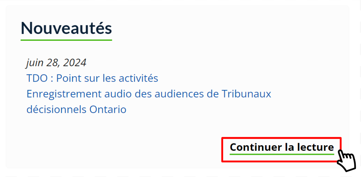 Une vignette étiquetée « Nouveautés », avec le curseur survolant un lien intitulé « Continuer la lecture » dans le coin inférieur droit.